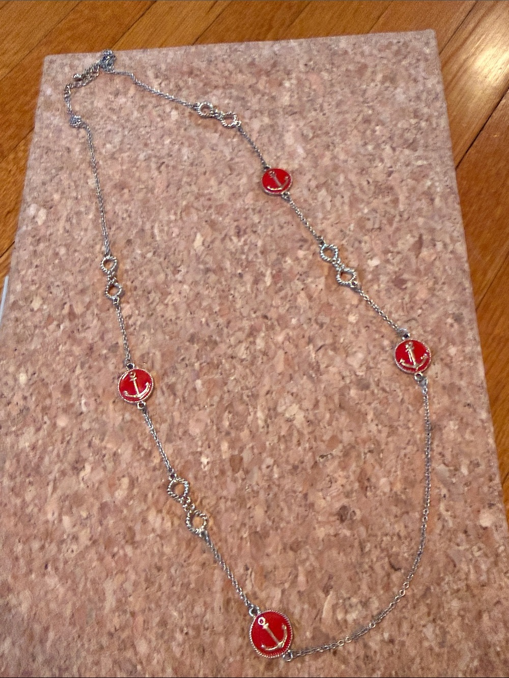 Gold Long Necklace with Red Anchor Medallions